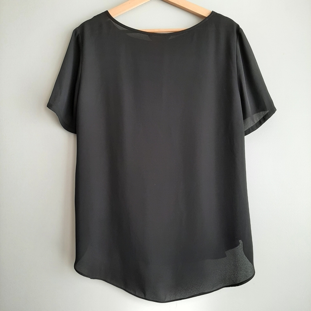 JOE FRESH Lace Detail Semi-Sheer Light Flowy Blouse Top High-Low Hem Black Sz L - Picture 6 of 11